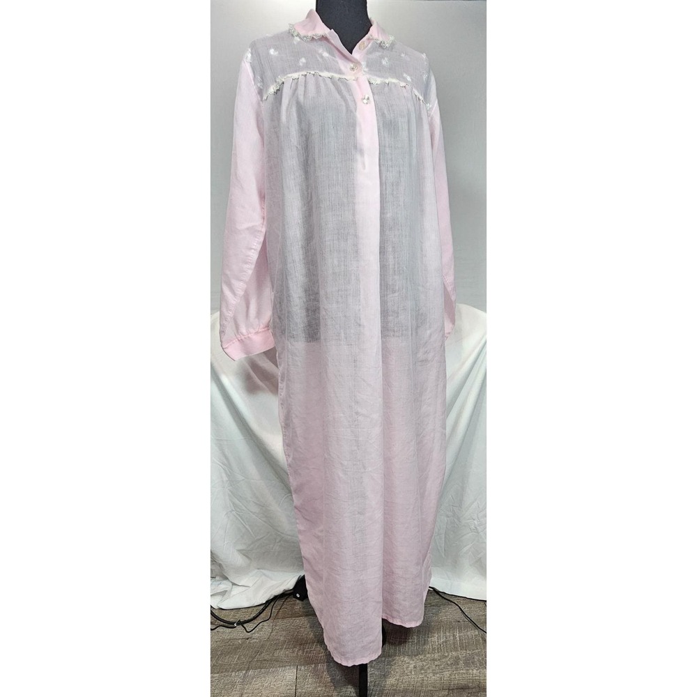 Pink Katz Sheer Embroidered Flowers Lace Trim Nightgown Long Sleeve Button Front